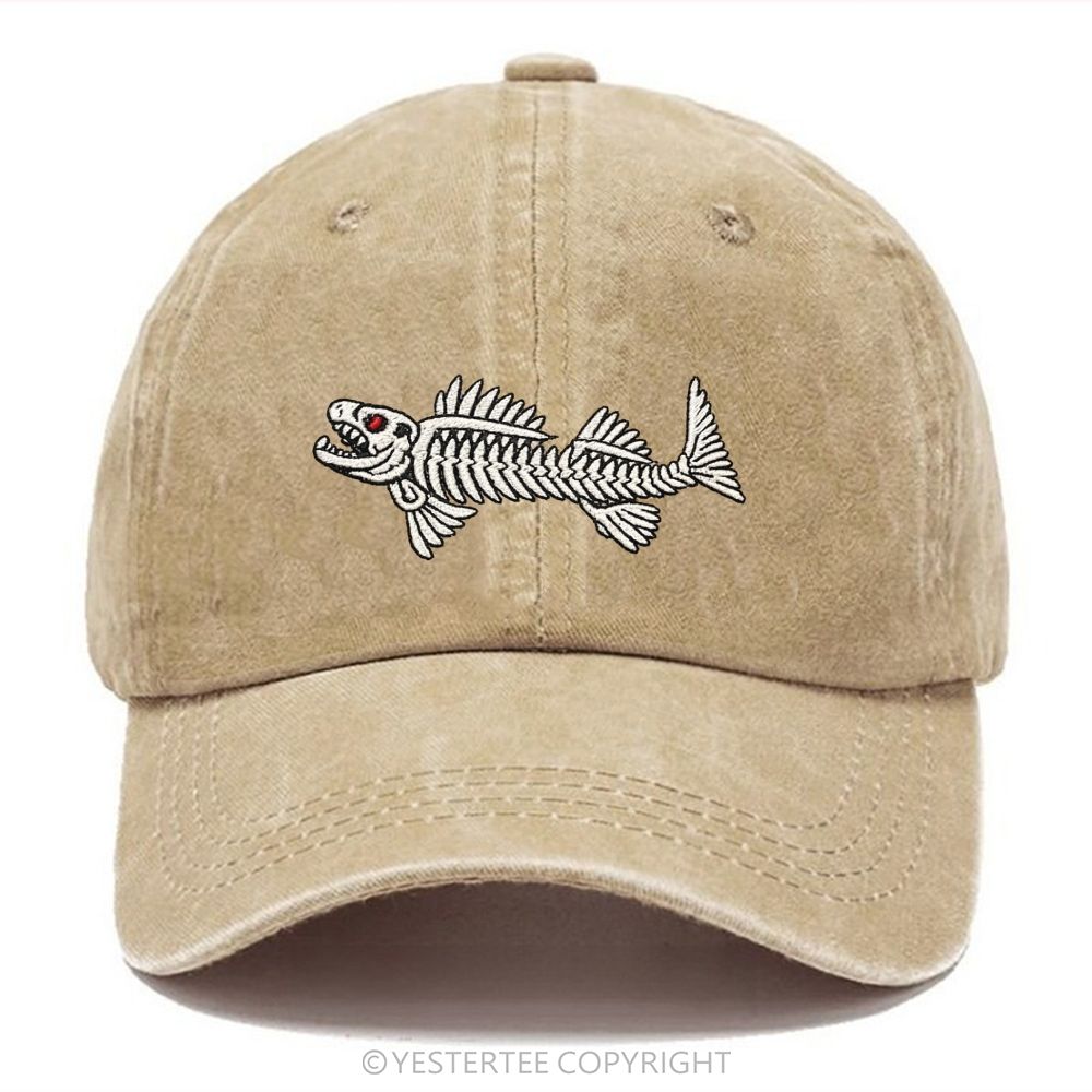 Yestertee Embroidered Vintage Skeleton Fish Washed Cap
