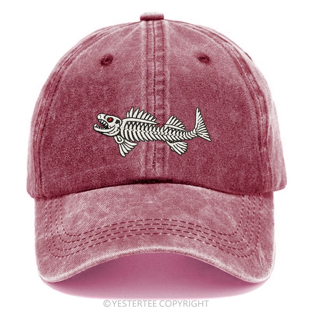 Yestertee Embroidered Vintage Skeleton Fish Washed Cap