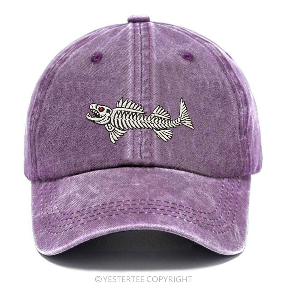 Yestertee Embroidered Vintage Skeleton Fish Washed Cap