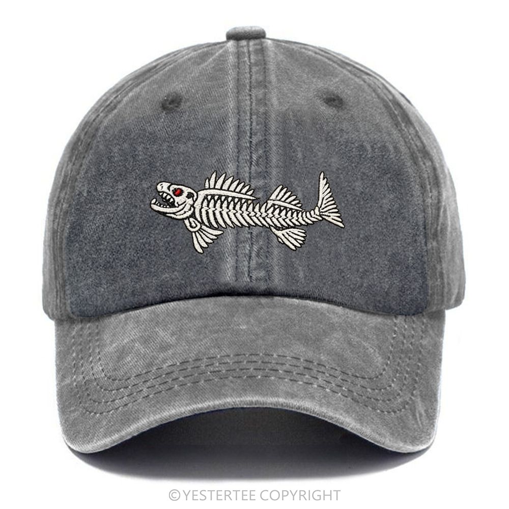 Yestertee Embroidered Vintage Skeleton Fish Washed Cap