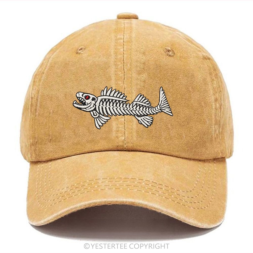 Yestertee Embroidered Vintage Skeleton Fish Washed Cap