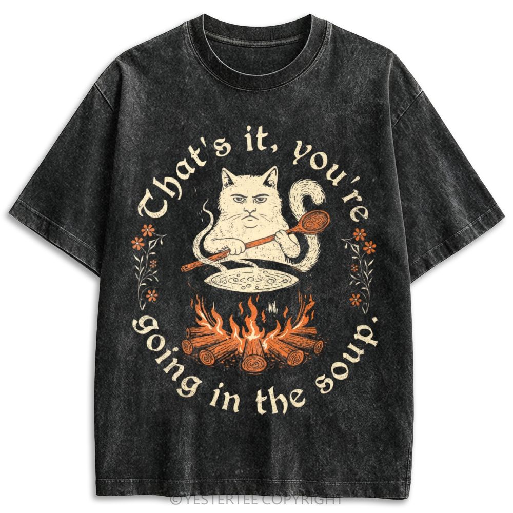 Engraving Grumpy Cat Soup Campfire Funny Pun Retro Washed T-shirt