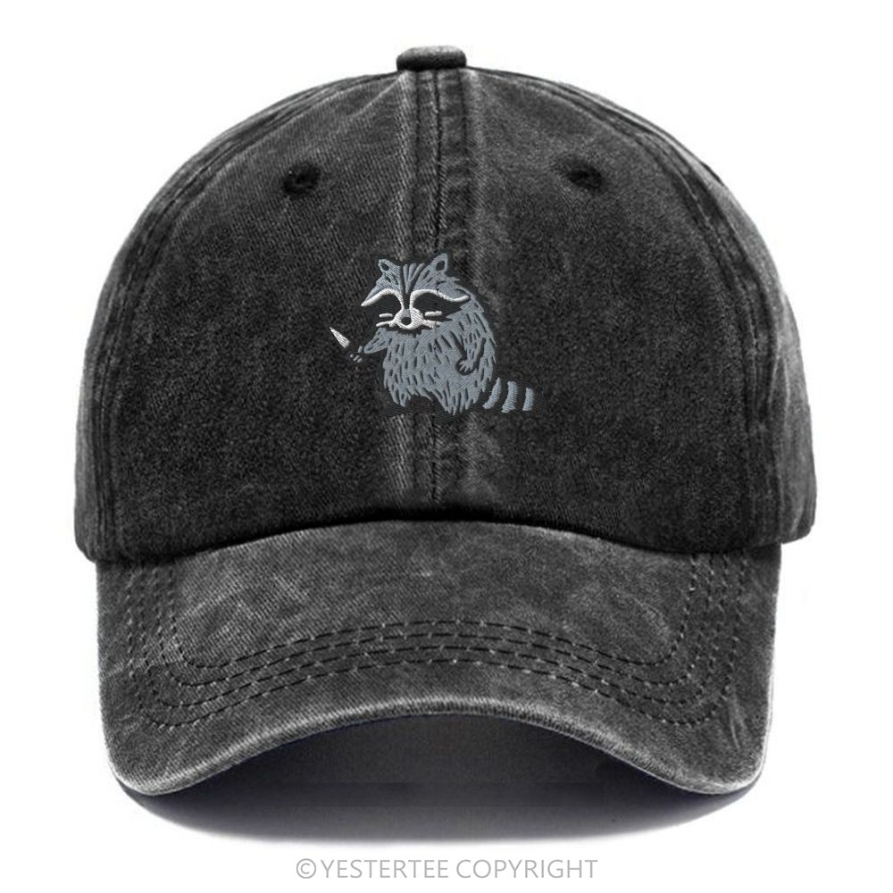 Yestertee Embroidered Cute Cartoon Raccoon With Knife Washed Cap 