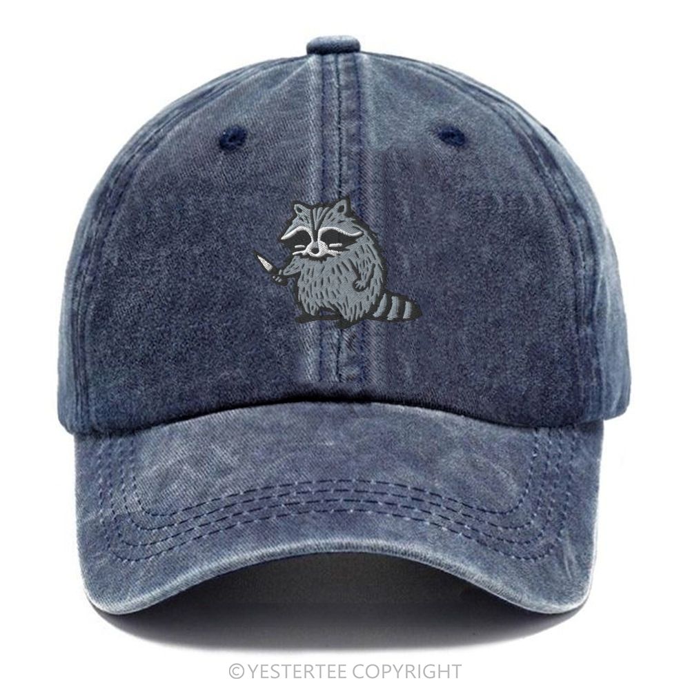 Yestertee Embroidered Cute Cartoon Raccoon With Knife Washed Cap 