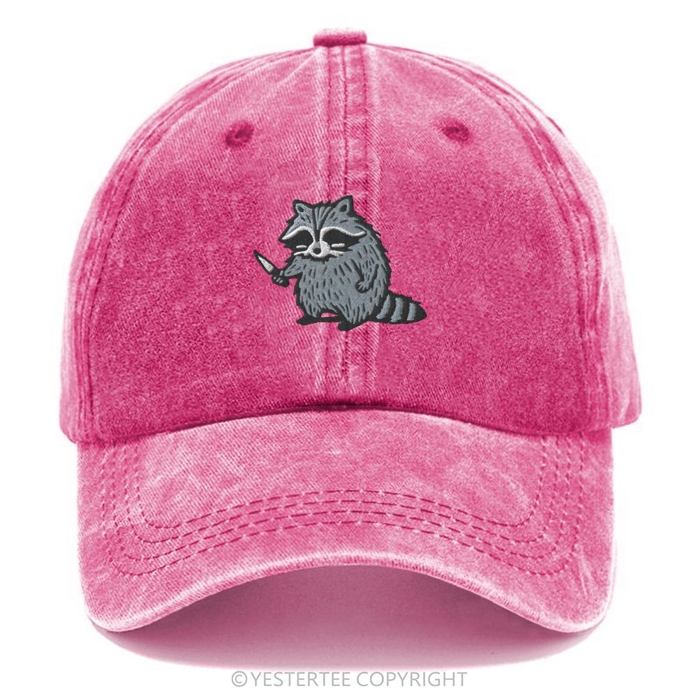 Yestertee Embroidered Cute Cartoon Raccoon With Knife Washed Cap 