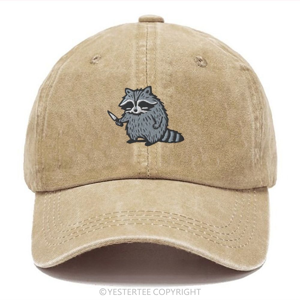 Yestertee Embroidered Cute Cartoon Raccoon With Knife Washed Cap 