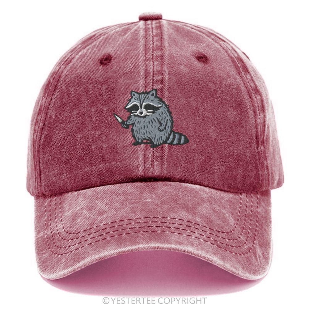 Yestertee Embroidered Cute Cartoon Raccoon With Knife Washed Cap 