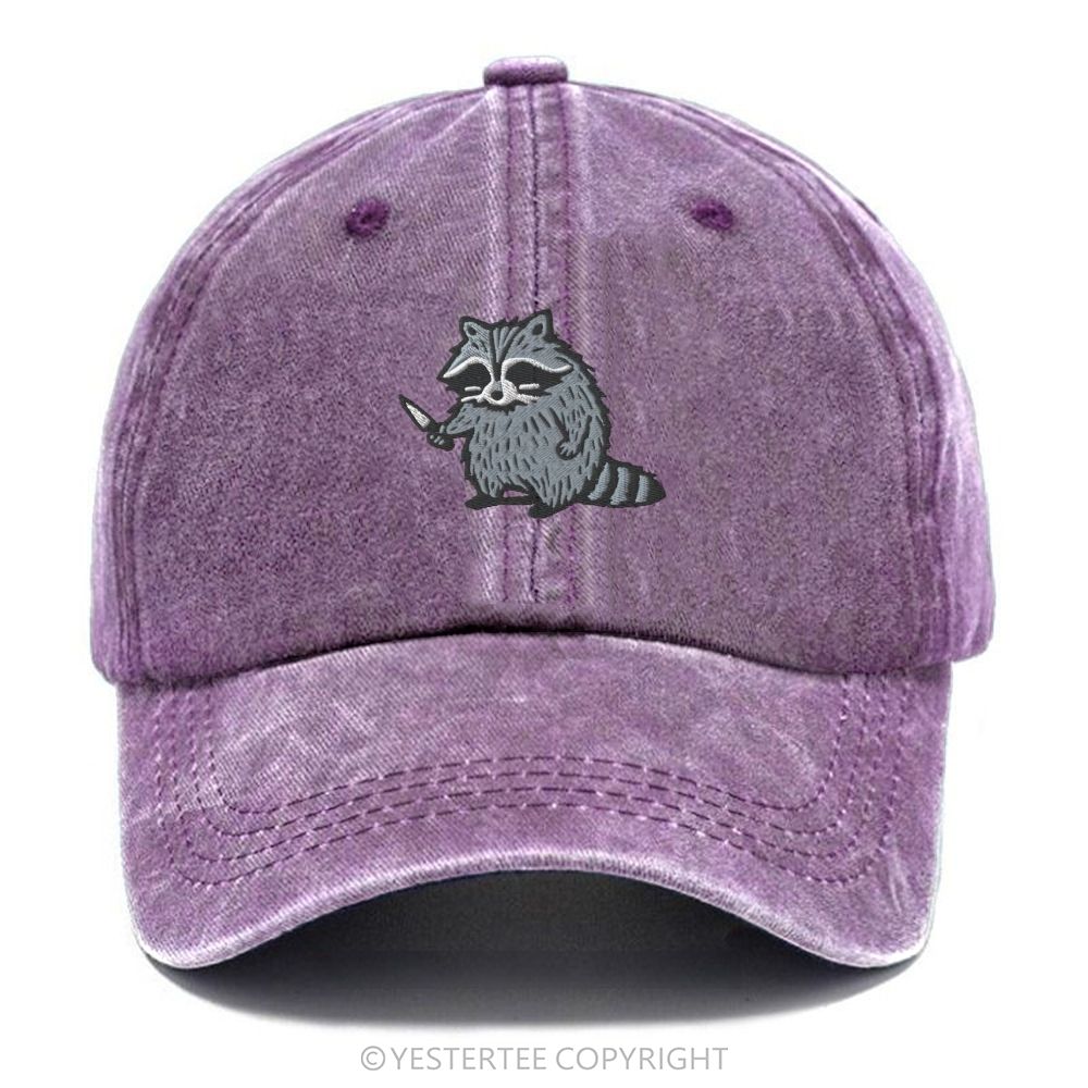 Yestertee Embroidered Cute Cartoon Raccoon With Knife Washed Cap 
