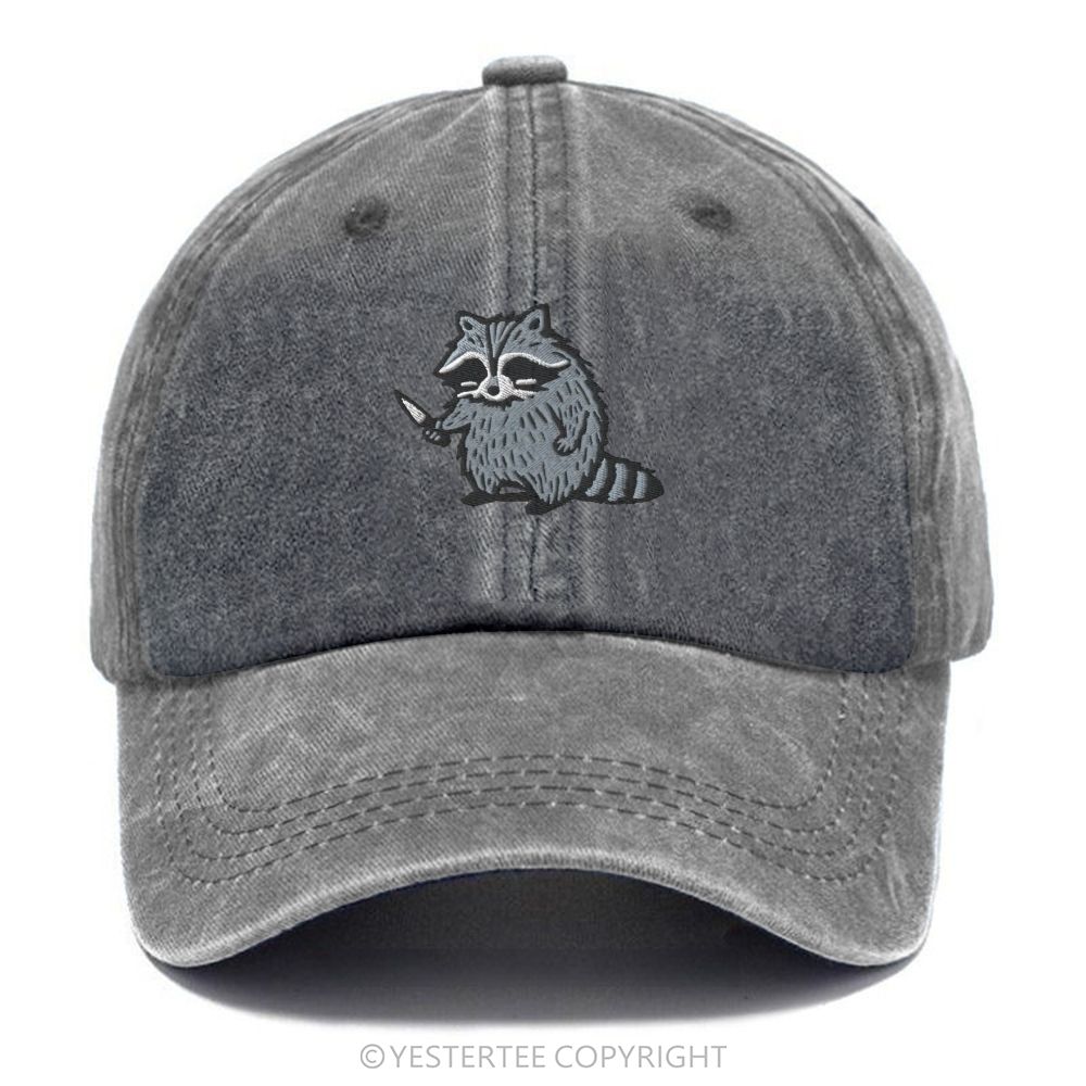 Yestertee Embroidered Cute Cartoon Raccoon With Knife Washed Cap 