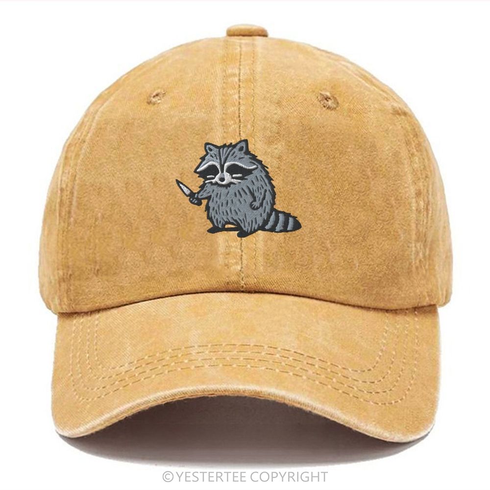 Yestertee Embroidered Cute Cartoon Raccoon With Knife Washed Cap 