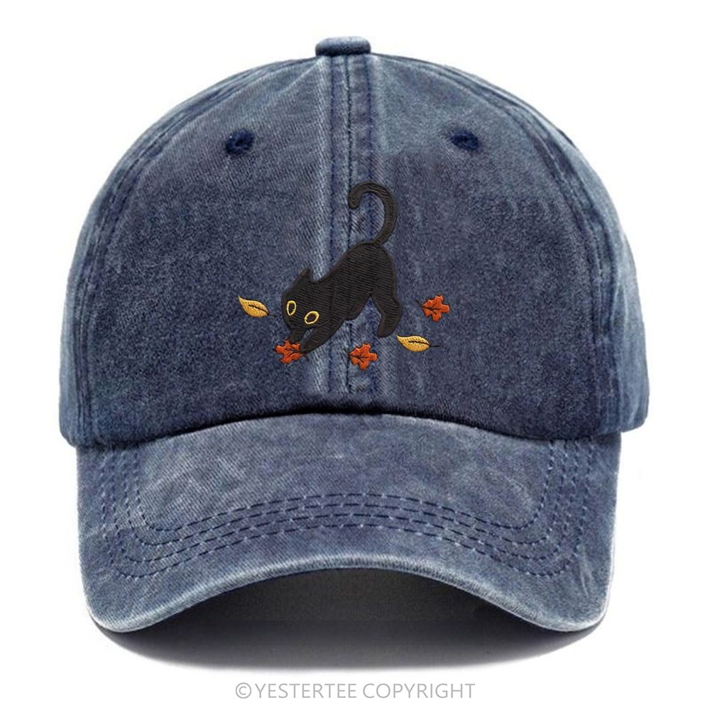 Yestertee Embroidered Black Cat Maple Leaf  Washed Cap