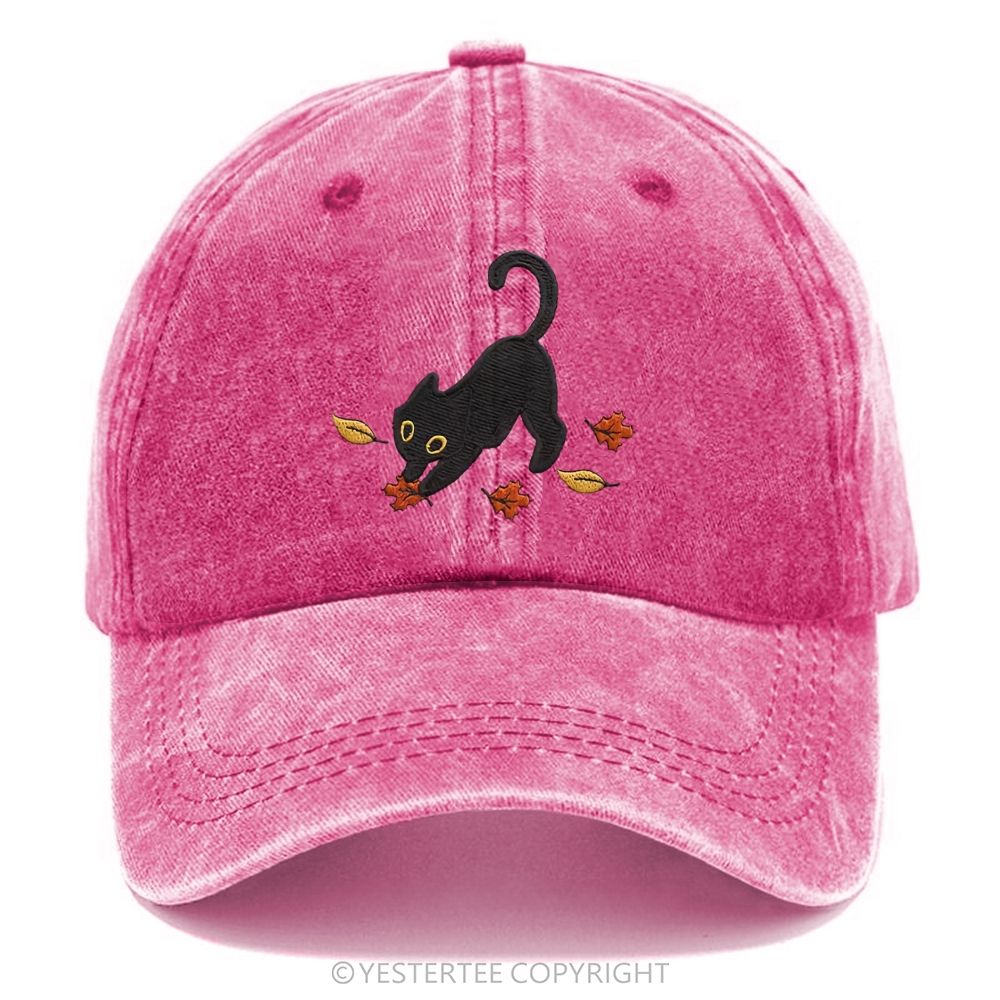 Yestertee Embroidered Black Cat Maple Leaf  Washed Cap