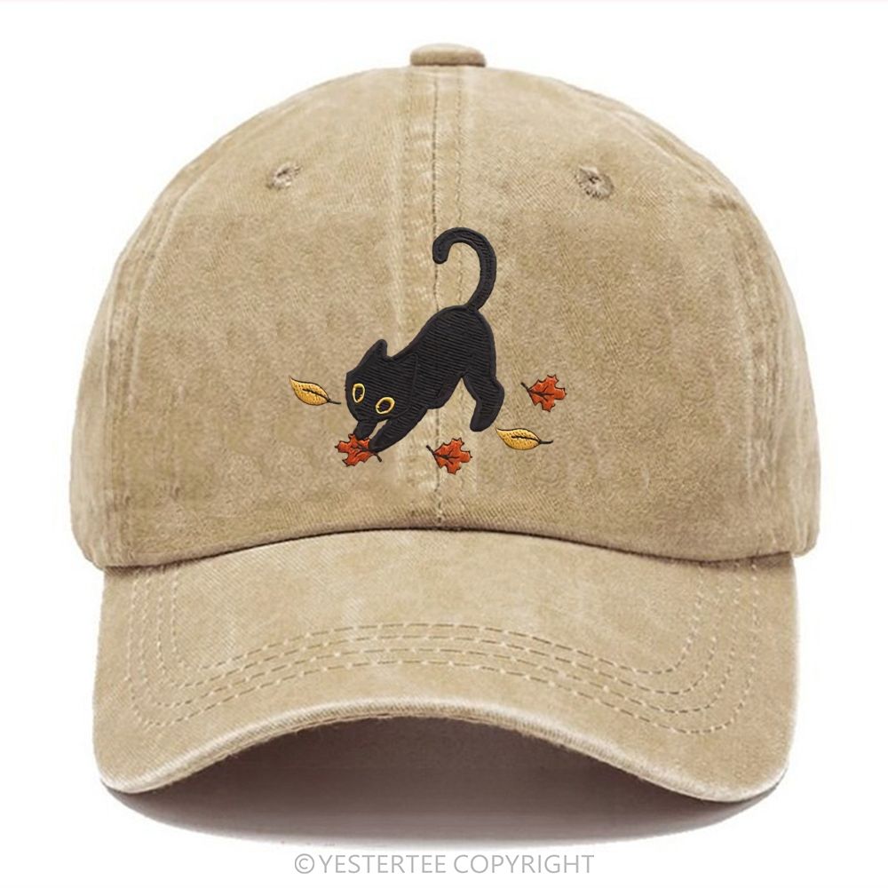 Yestertee Embroidered Black Cat Maple Leaf  Washed Cap