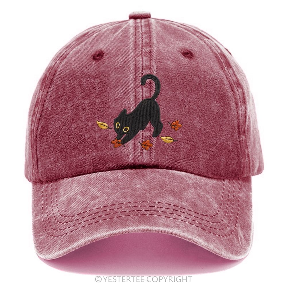 Yestertee Embroidered Black Cat Maple Leaf  Washed Cap