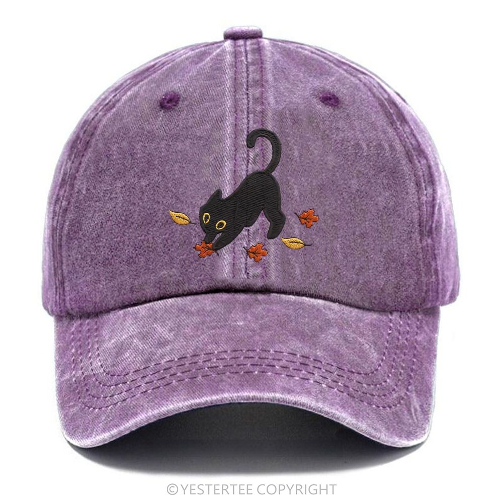 Yestertee Embroidered Black Cat Maple Leaf  Washed Cap