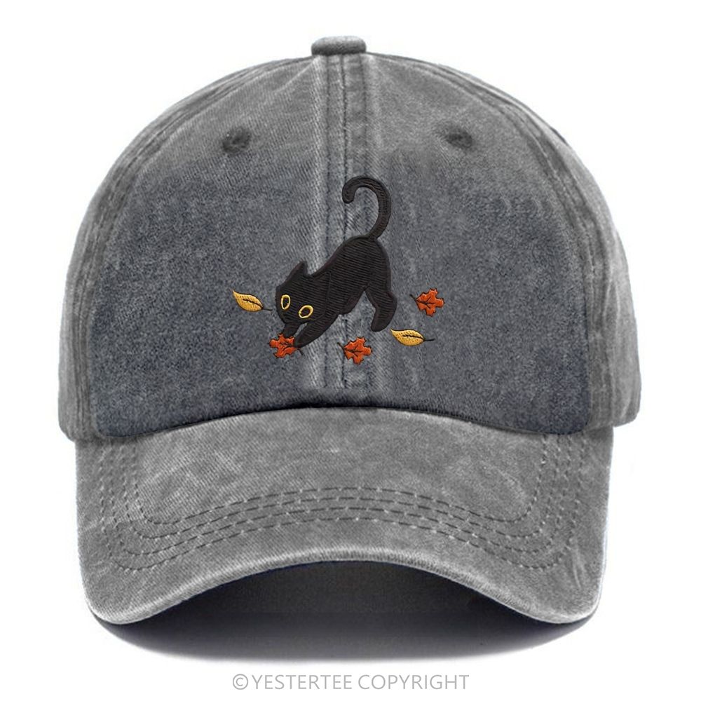 Yestertee Embroidered Black Cat Maple Leaf  Washed Cap