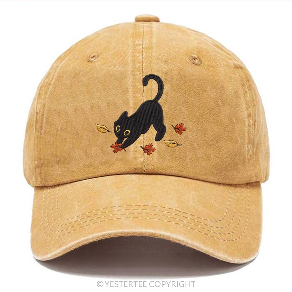 Yestertee Embroidered Black Cat Maple Leaf  Washed Cap