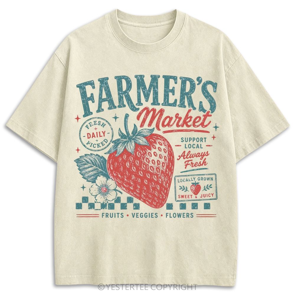 Local Farmers Market Strawberry Floral Retro Washed T-shirt