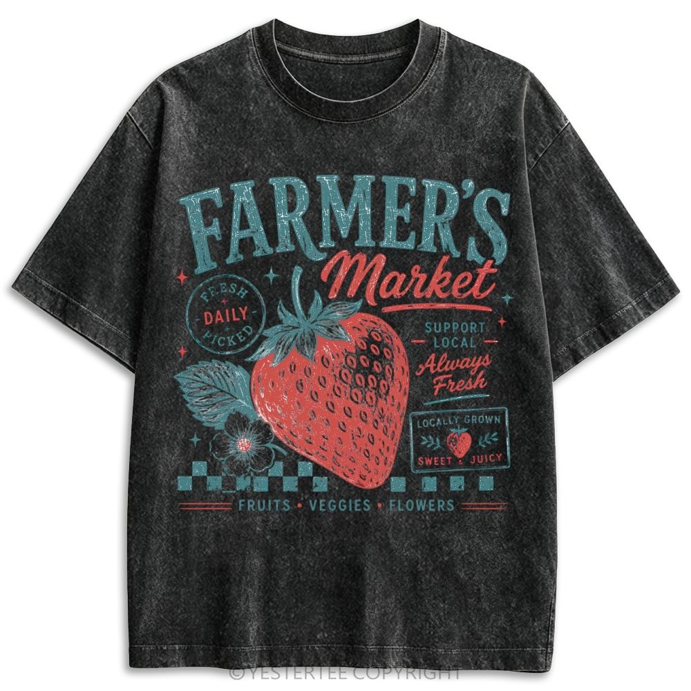 Local Farmers Market Strawberry Floral Retro Washed T-shirt