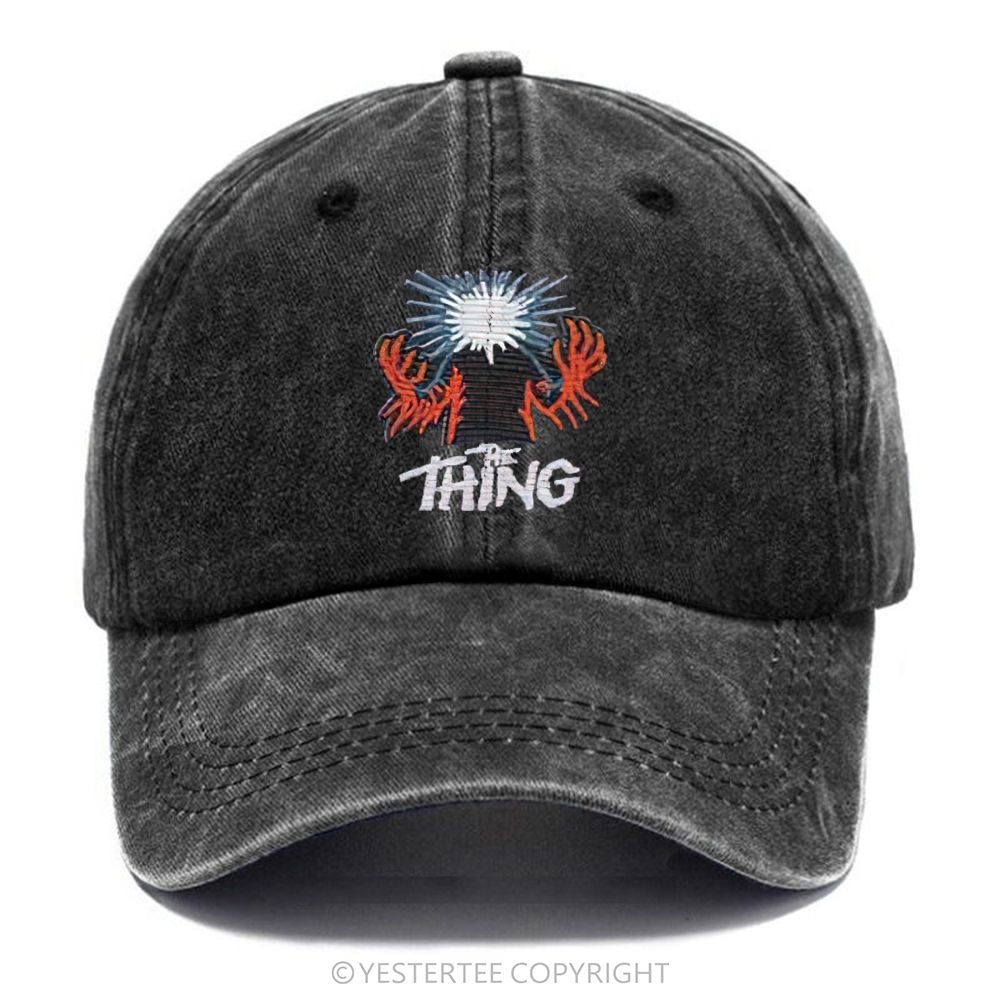 Yestertee Embroidered  Vintage Washed Black Horror Art Washed Cap 