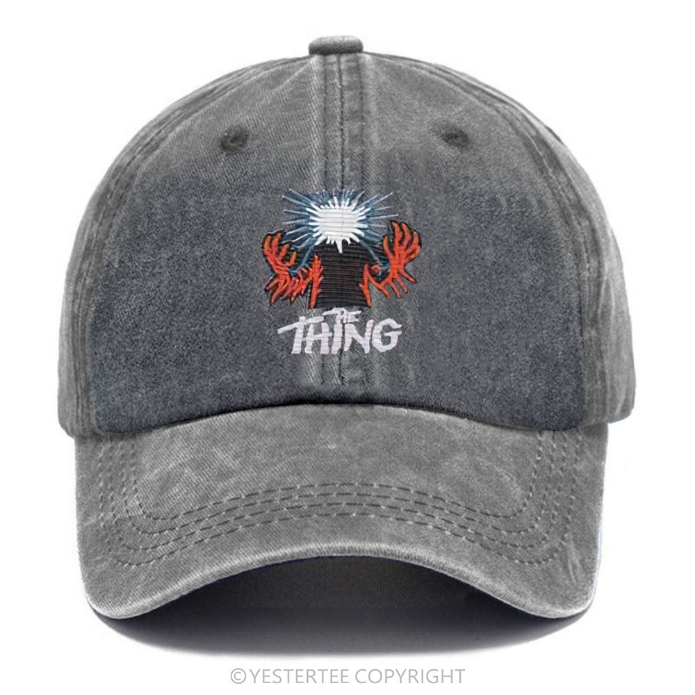 Yestertee Embroidered  Vintage Washed Black Horror Art Washed Cap 