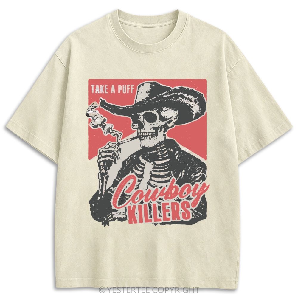 Western Smoking Skeleton Cowboy Linocut Retro Washed T-shirt