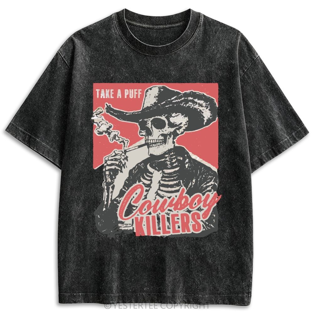 Western Smoking Skeleton Cowboy Linocut Retro Washed T-shirt