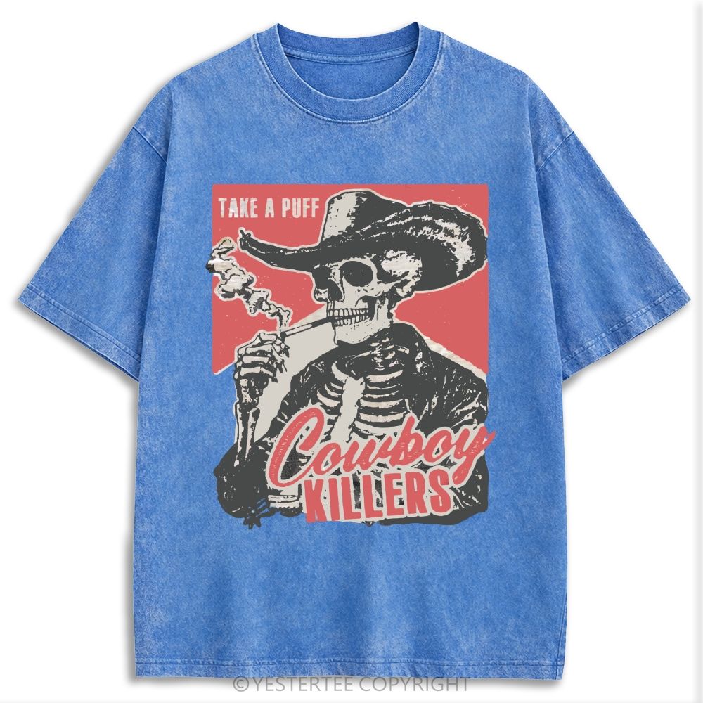 Western Smoking Skeleton Cowboy Linocut Retro Washed T-shirt