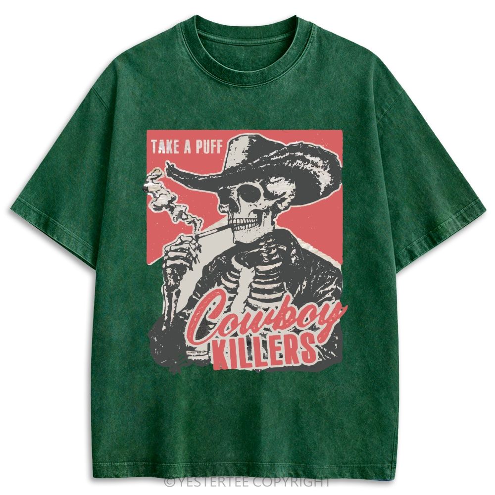 Western Smoking Skeleton Cowboy Linocut Retro Washed T-shirt