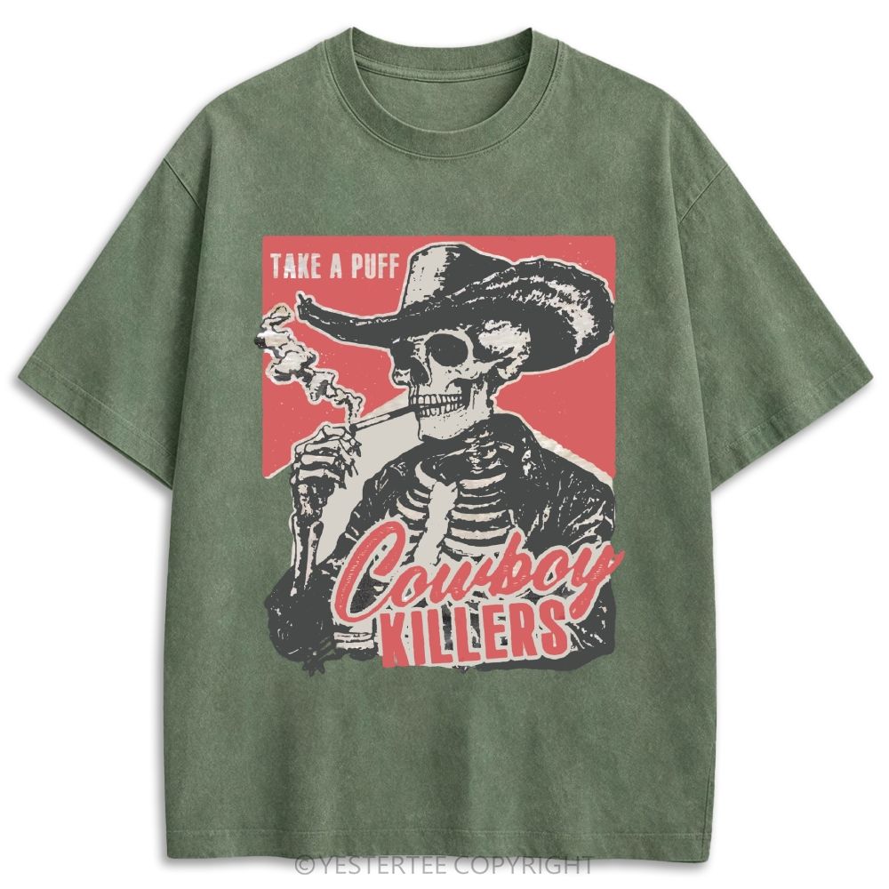 Western Smoking Skeleton Cowboy Linocut Retro Washed T-shirt