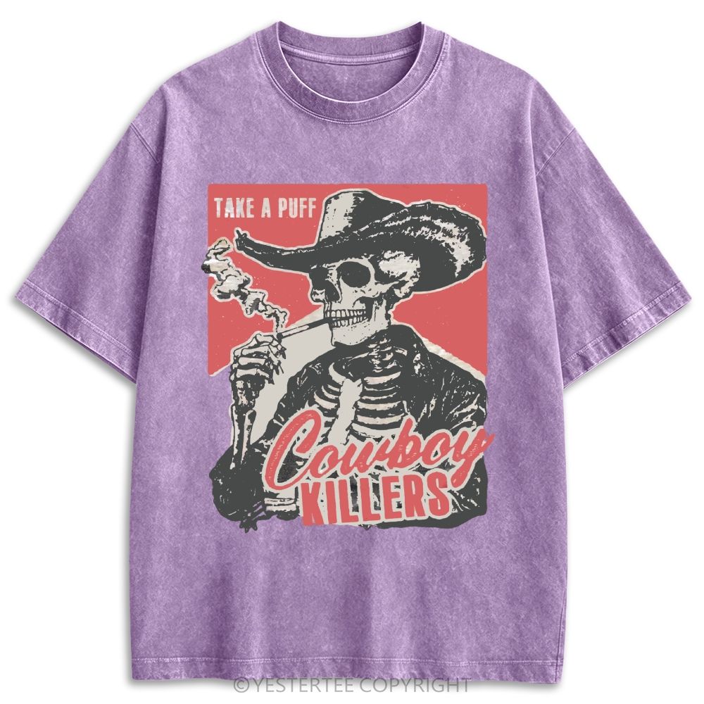 Western Smoking Skeleton Cowboy Linocut Retro Washed T-shirt