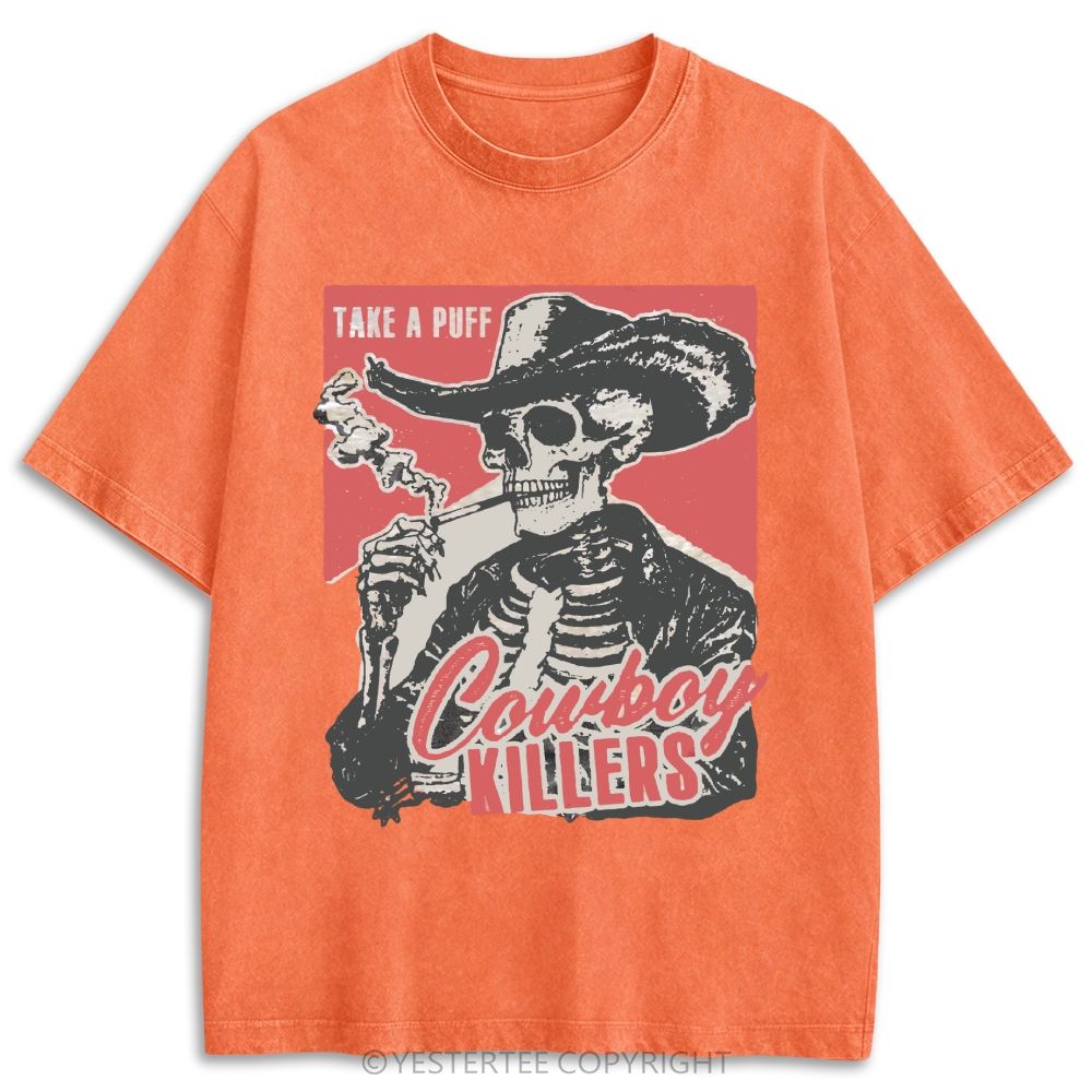 Western Smoking Skeleton Cowboy Linocut Retro Washed T-shirt