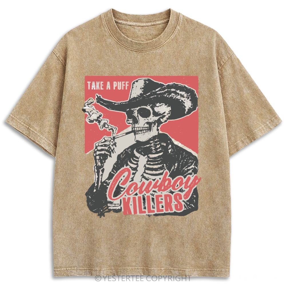 Western Smoking Skeleton Cowboy Linocut Retro Washed T-shirt