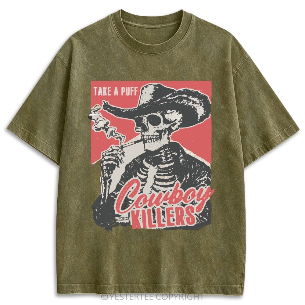 Western Smoking Skeleton Cowboy Linocut Retro Washed T-shirt