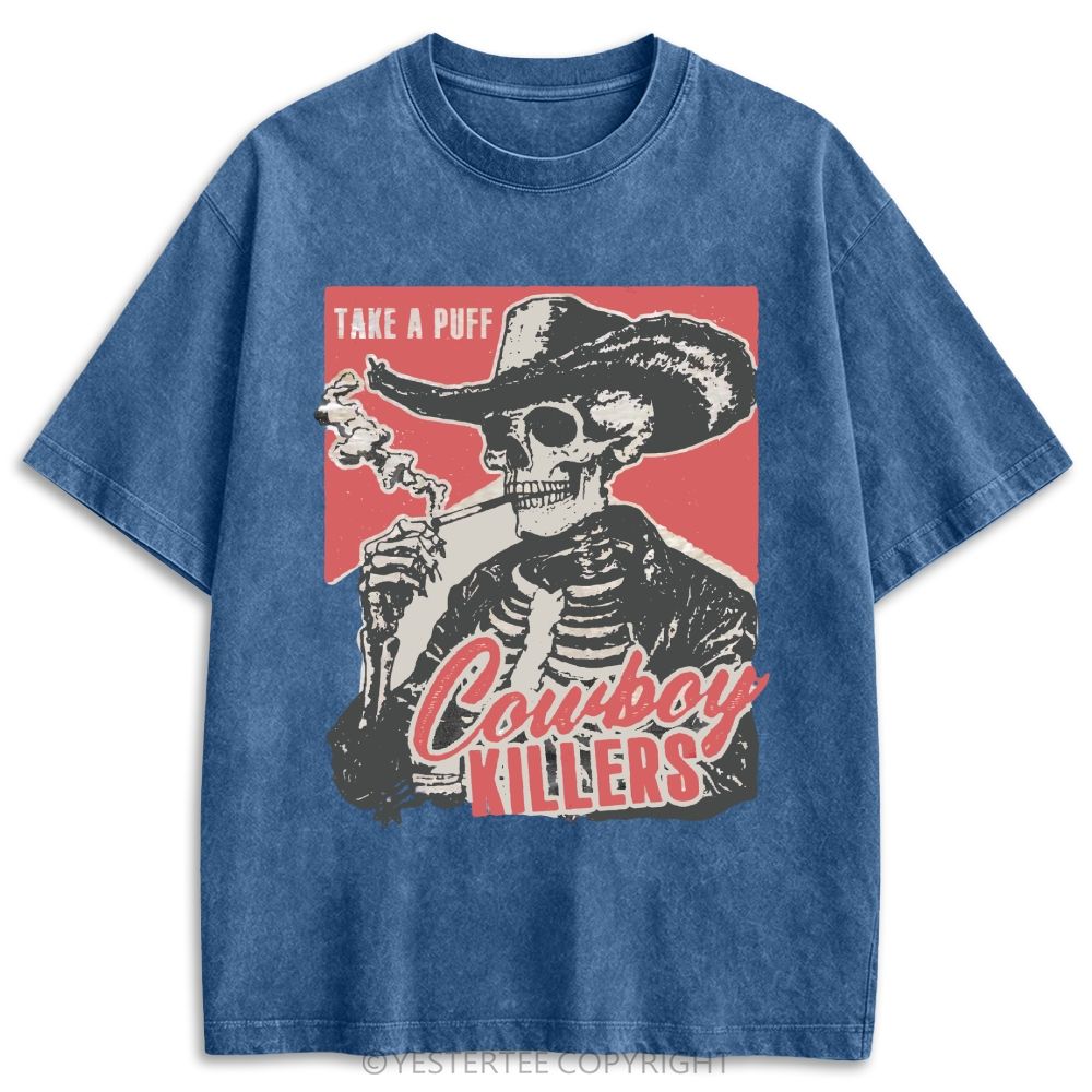 Western Smoking Skeleton Cowboy Linocut Retro Washed T-shirt