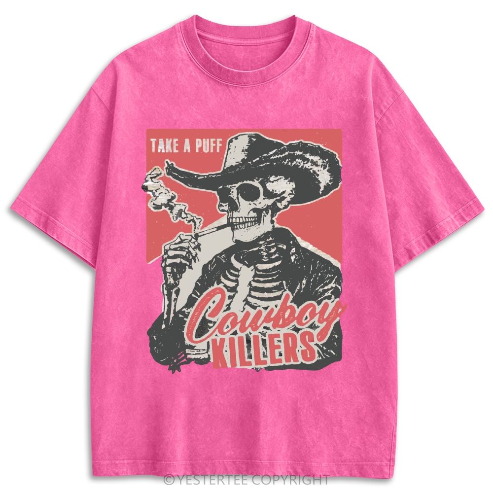 Western Smoking Skeleton Cowboy Linocut Retro Washed T-shirt
