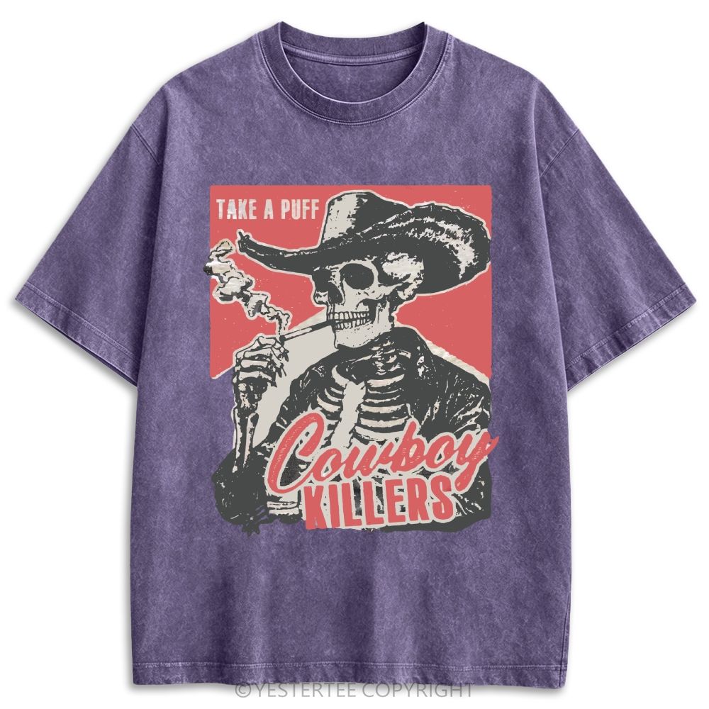 Western Smoking Skeleton Cowboy Linocut Retro Washed T-shirt