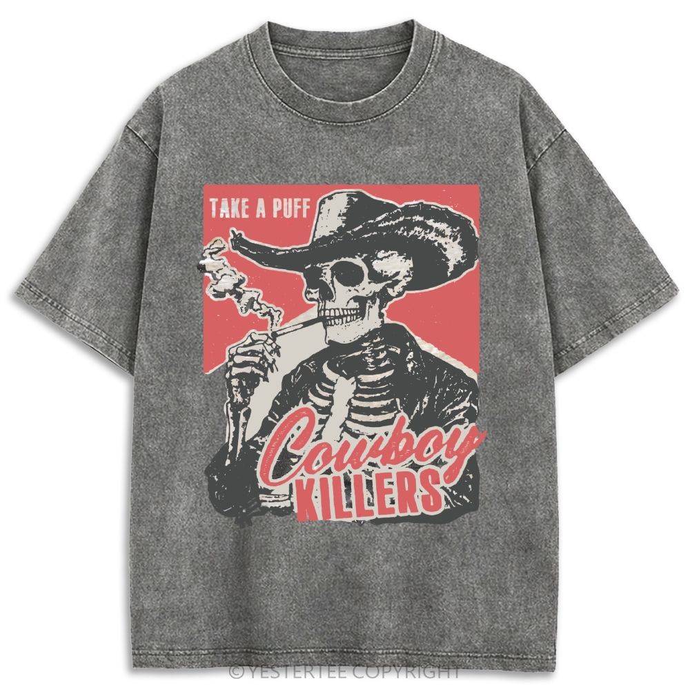 Western Smoking Skeleton Cowboy Linocut Retro Washed T-shirt
