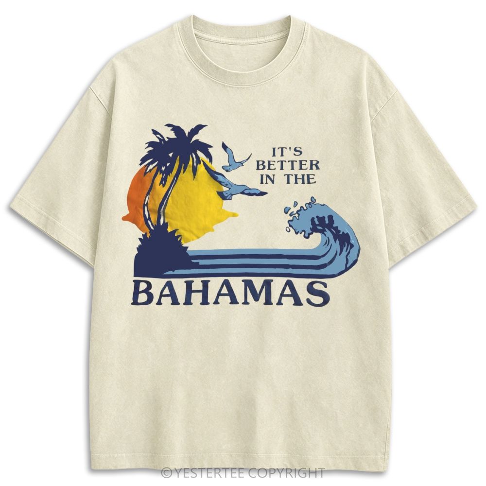 Bahamas Tropical Palm Tree Sunset Wave Retro Washed T-shirt