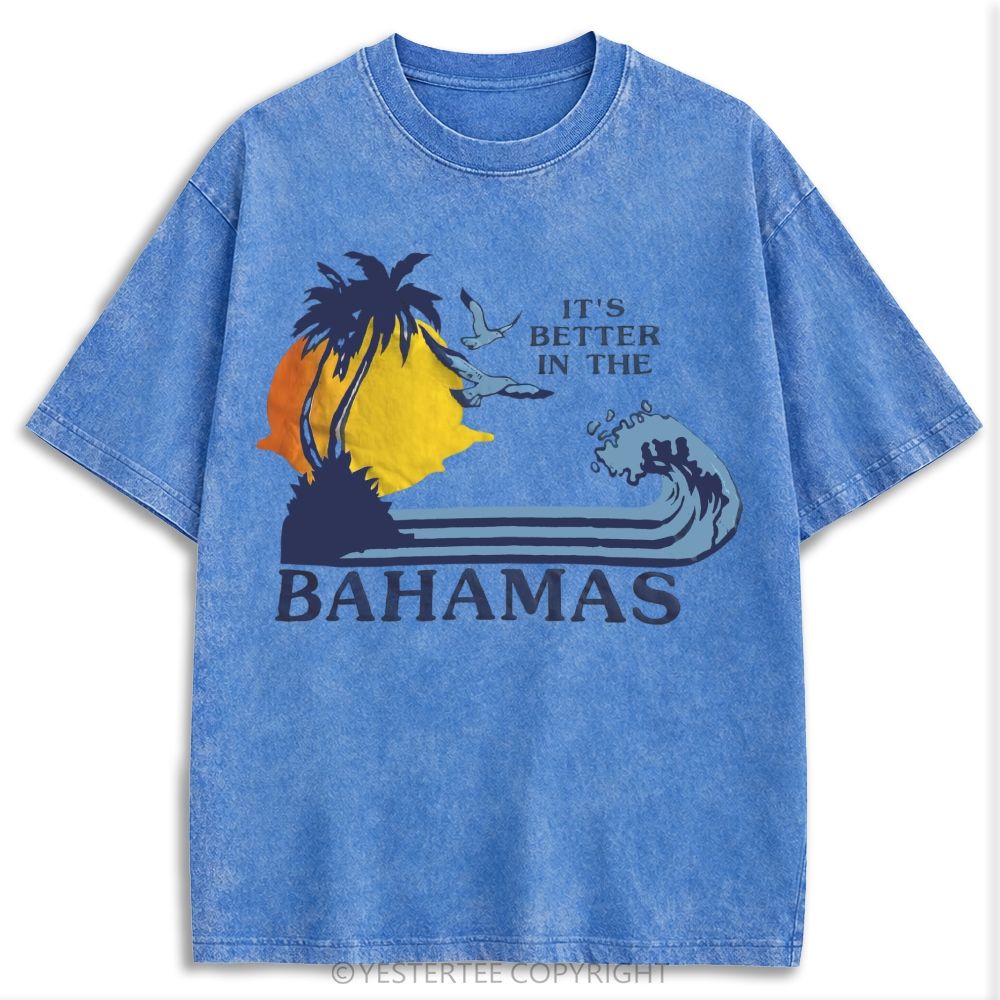 Bahamas Tropical Palm Tree Sunset Wave Retro Washed T-shirt