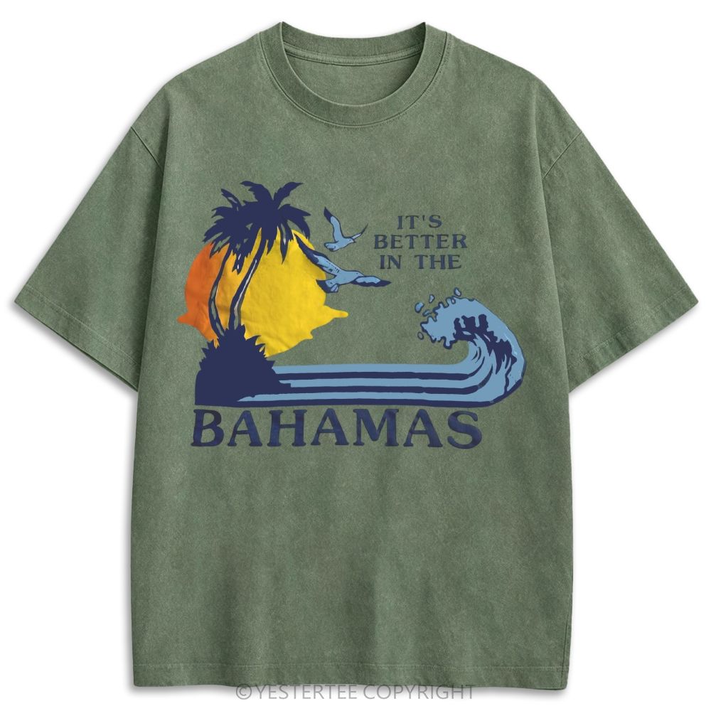 Bahamas Tropical Palm Tree Sunset Wave Retro Washed T-shirt