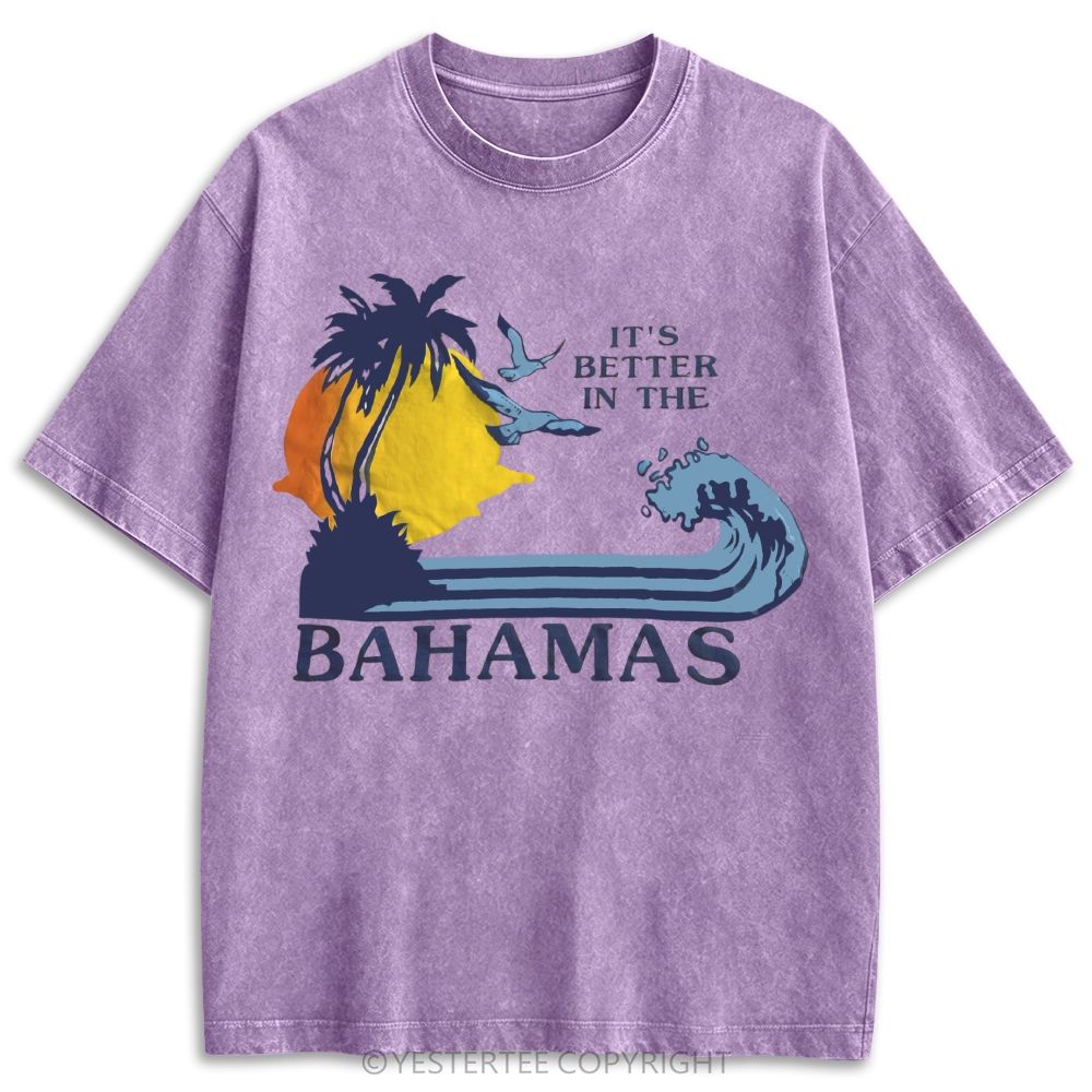 Bahamas Tropical Palm Tree Sunset Wave Retro Washed T-shirt
