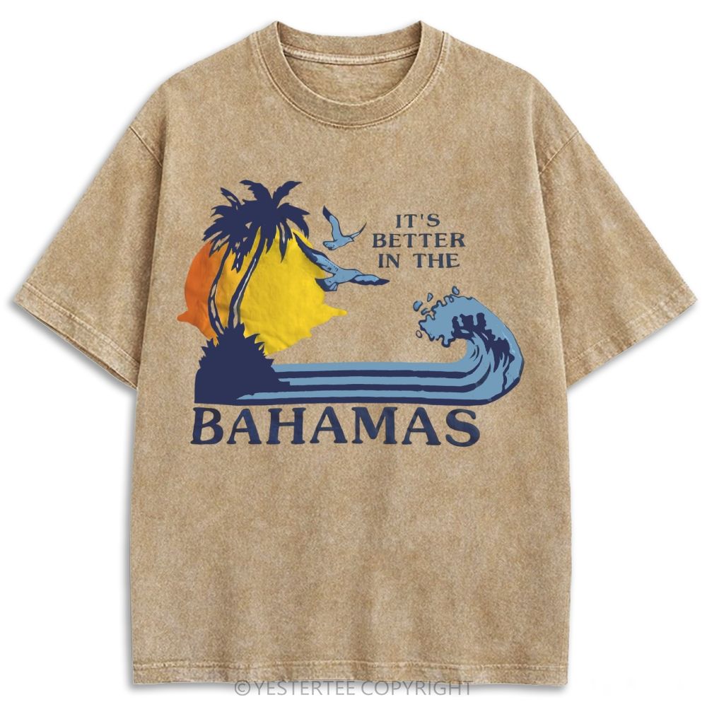 Bahamas Tropical Palm Tree Sunset Wave Retro Washed T-shirt