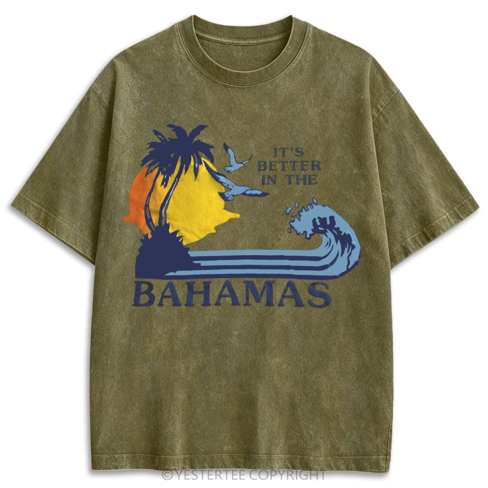 Bahamas Tropical Palm Tree Sunset Wave Retro Washed T-shirt