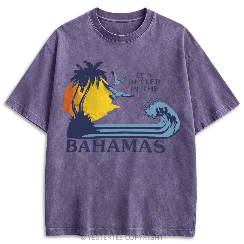Bahamas Tropical Palm Tree Sunset Wave Retro Washed T-shirt