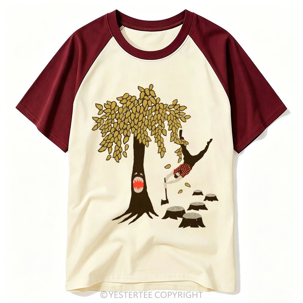 Yestertee Cartoon Monster Tree Lumberjack Funny Horror Graphic Baseball T-shirt