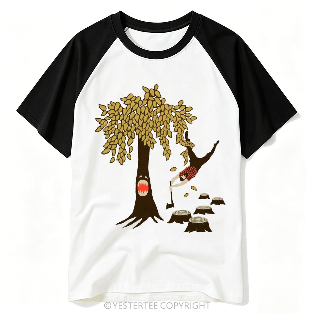 Yestertee Cartoon Monster Tree Lumberjack Funny Horror Graphic Baseball T-shirt