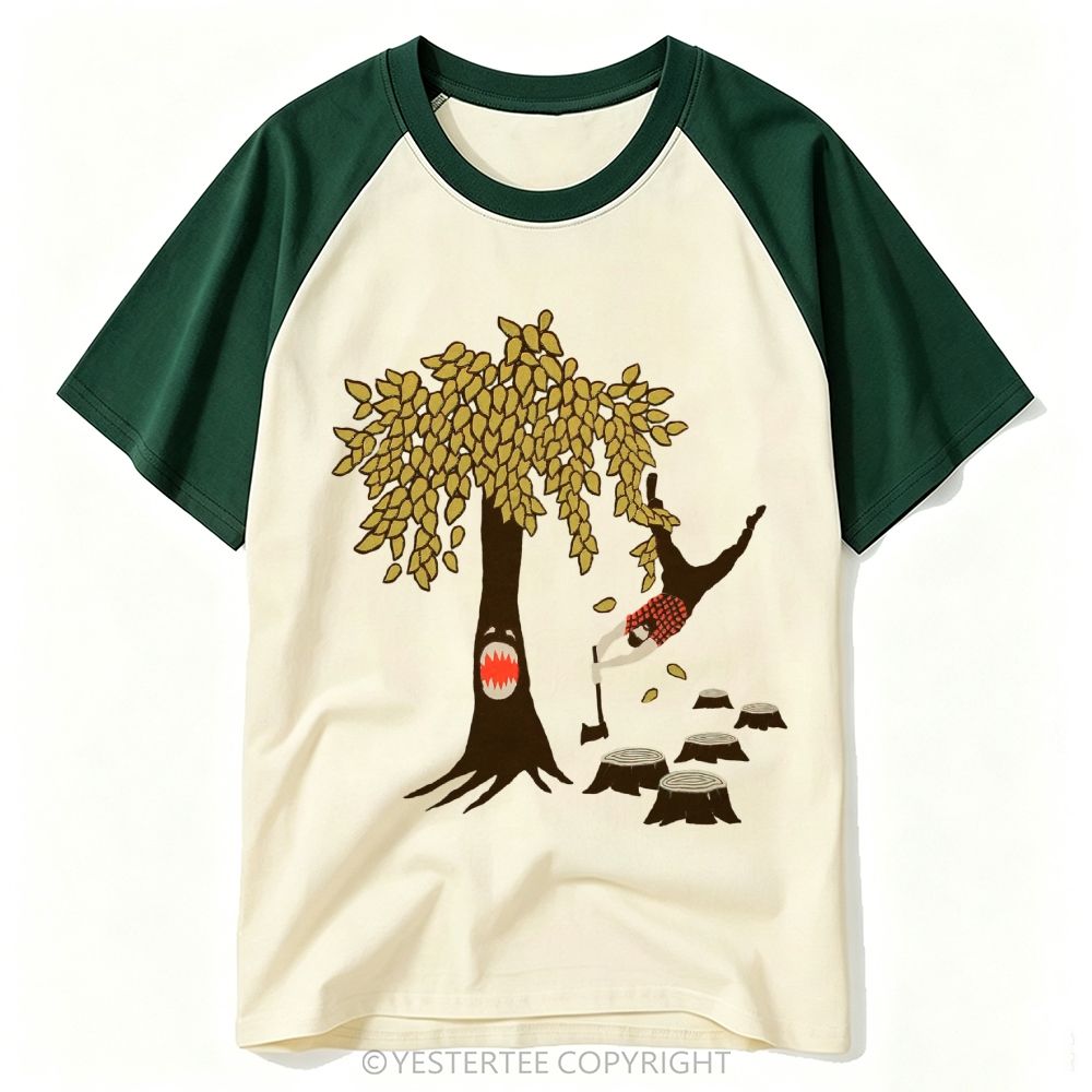 Yestertee Cartoon Monster Tree Lumberjack Funny Horror Graphic Baseball T-shirt
