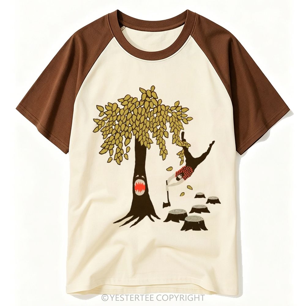 Yestertee Cartoon Monster Tree Lumberjack Funny Horror Graphic Baseball T-shirt