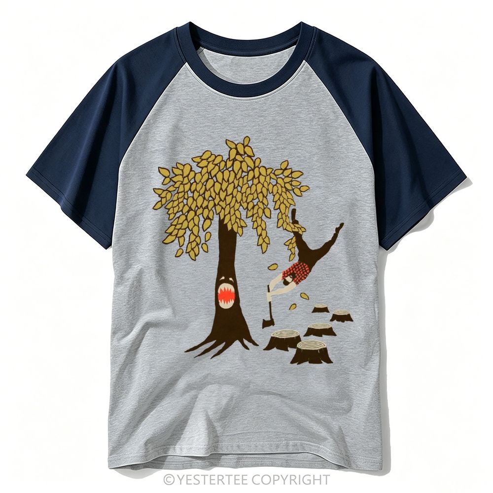 Yestertee Cartoon Monster Tree Lumberjack Funny Horror Graphic Baseball T-shirt